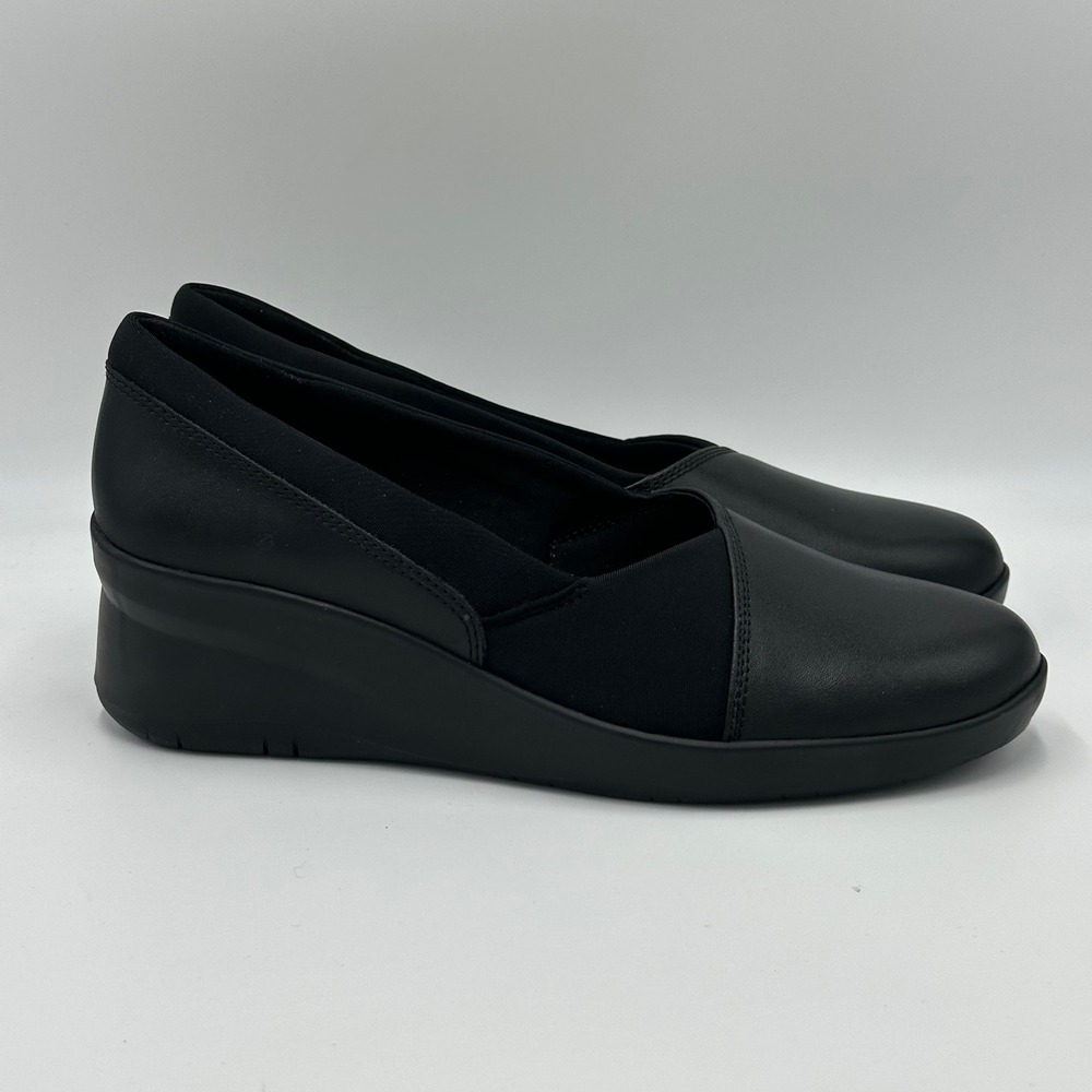 NWD Clarks Suttyn Walk Black Leather Wedge Slip On Shoes Womens Size 6.5 Comfort